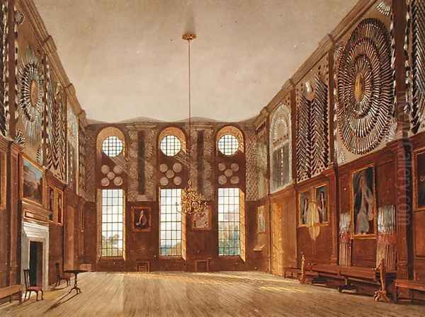 The Guard Chamber, Hampton Court, from The History of the Royal Residences, engraved by Richard Reeve b.1780, by William Henry Pyne 1769-1843, 1819 Oil Painting by James Stephanoff