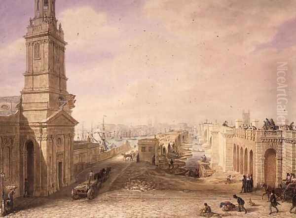 Old and New London Bridges, 1831 Oil Painting by George the Elder Scharf