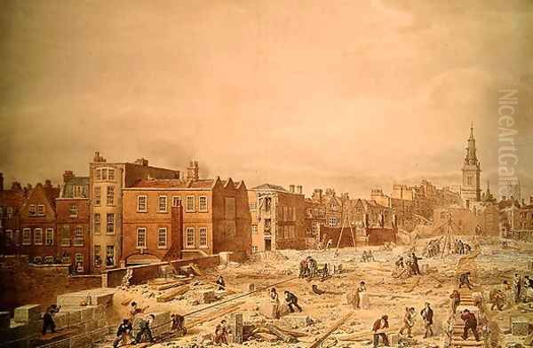 A View of the Northern Approach to the London Bridge while in state of progress Oil Painting by George the Elder Scharf