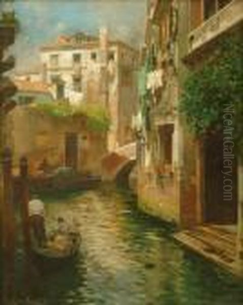 A Venetian Backwater Oil Painting by Rubens Santoro