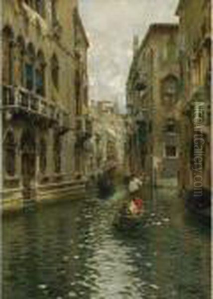 A Family Outing On A Venetian Canal Oil Painting by Rubens Santoro