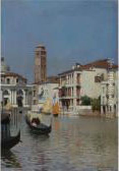 A Venetian Canal Oil Painting by Rubens Santoro