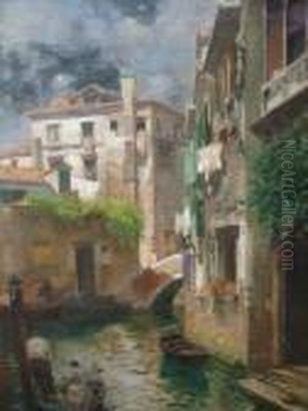 Venetian Canal Scene Oil Painting by Rubens Santoro