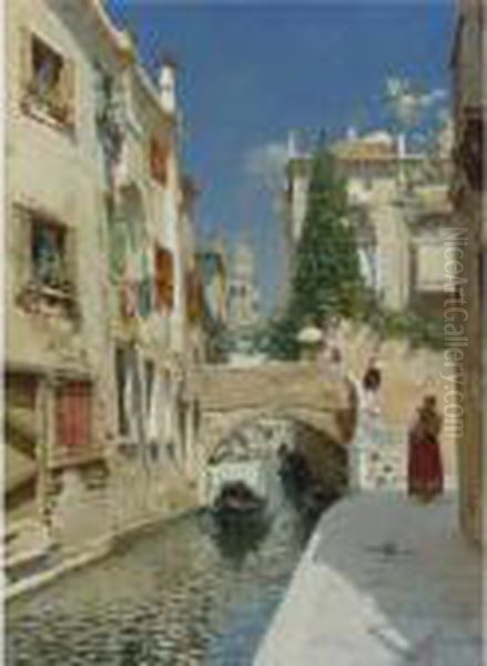 Venetian Canal With The Campanile Of The Frari In Thedistance Oil Painting by Rubens Santoro