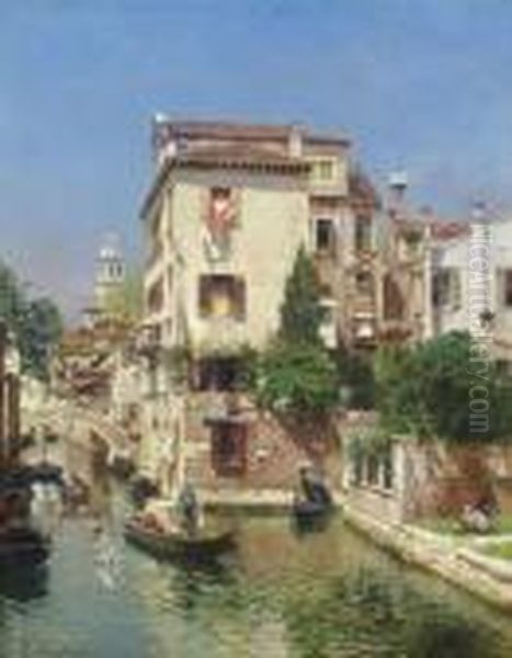 Gondoliers On A Venetian Canal Oil Painting by Rubens Santoro