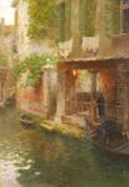 Canale Di Venezia Con Gondola In Sosta E Figura Sotto Un Portico Oil Painting by Rubens Santoro