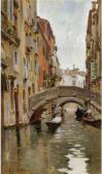 Gondola On A Venetian Canal Oil Painting by Rubens Santoro