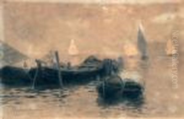 Barche A Chioggia Oil Painting by Rubens Santoro