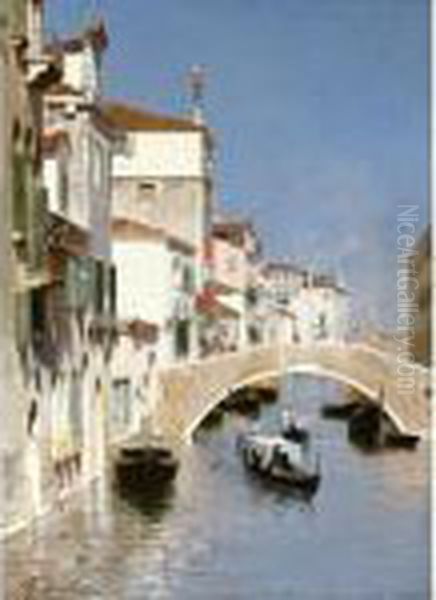 A Venetian Canal Oil Painting by Rubens Santoro