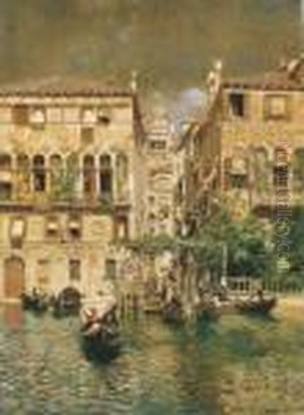 Gondolas Leaving A Residence On The Grand Canal, Venice Oil Painting by Rubens Santoro