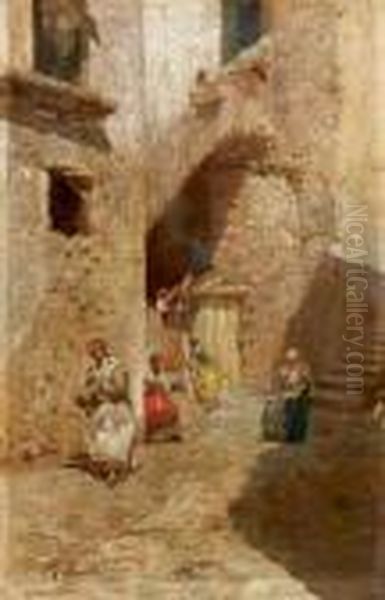 Cortile Rustico Con Popolane Oil Painting by Rubens Santoro