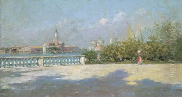 A Sunlit Park Facing The Church Of San Giorgio Maggiore Oil Painting by Rubens Santoro