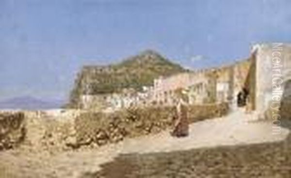 A Morning Walk Along The Amalfi Coast Oil Painting by Rubens Santoro