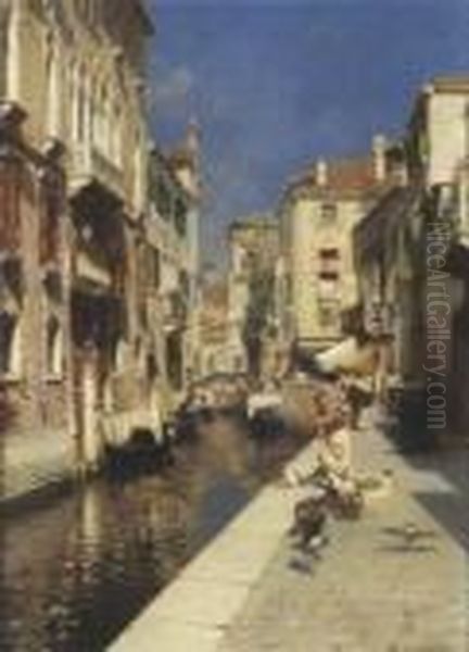 Women Walking Beside A Venetian Canal Oil Painting by Rubens Santoro