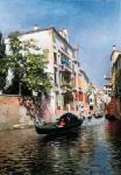 A Venetian Canal On A Sunny Afternoon Oil Painting by Rubens Santoro