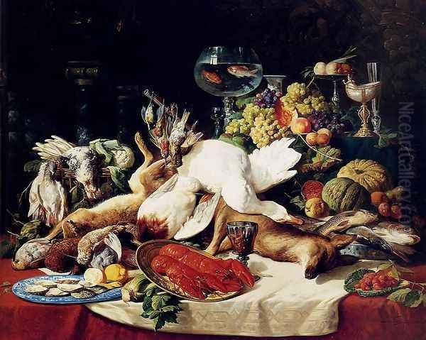 A Still Life With Fruit, Fish, Game And A Goldfish Bowl Oil Painting by Lucas Schaefels