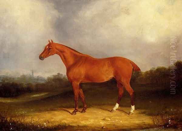 A Chestnut Hunter In A Landscape Oil Painting by William Shayer, Jr.