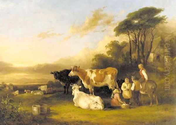 Children with a bird's nest in the pasture Oil Painting by William Shayer, Jr.