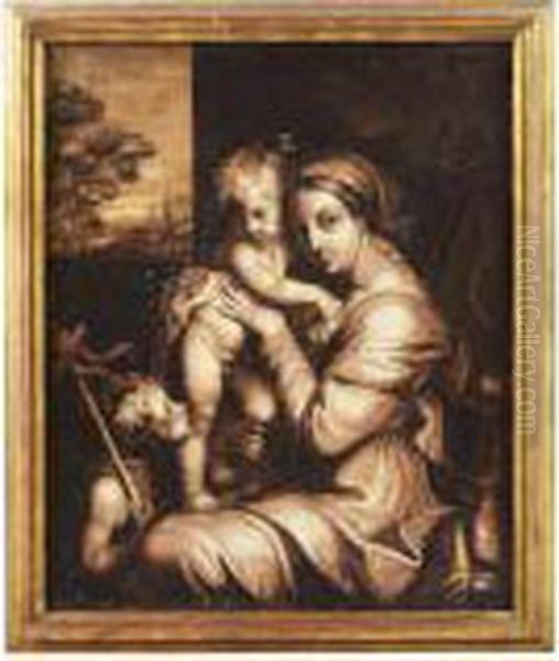 The Madonna And Child With An Infant St. John The Baptist, Engrisaille Oil Painting by Raphael (Raffaello Sanzio of Urbino)