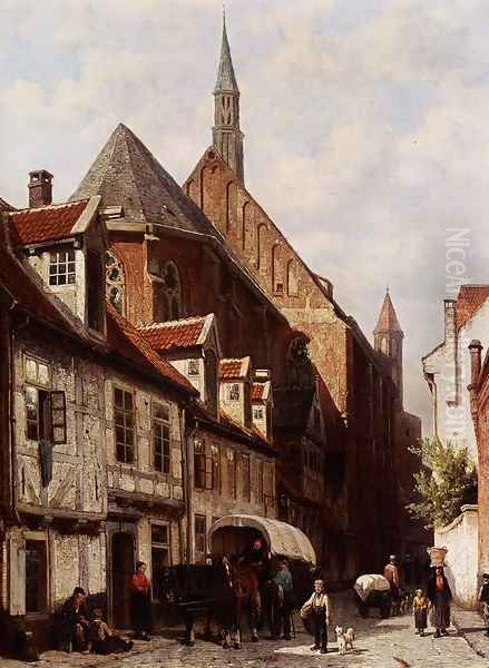 A Busy Street In Bremen With The Saint Johann Church In The Background Oil Painting by Cornelis Springer