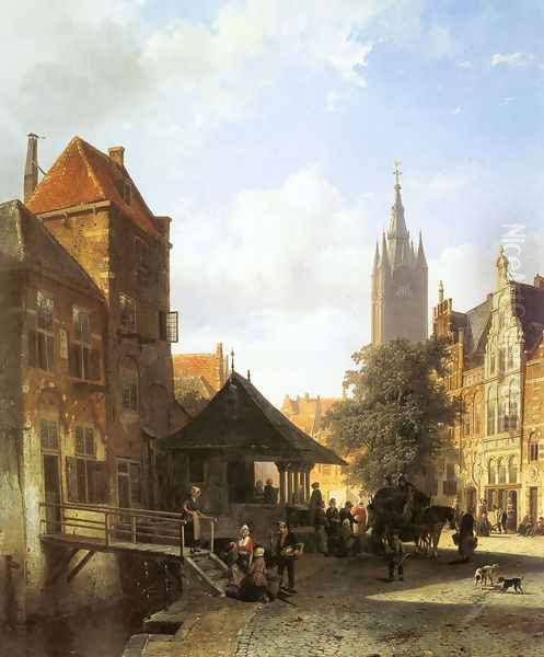 Figures In A Street In Delft Oil Painting by Cornelis Springer