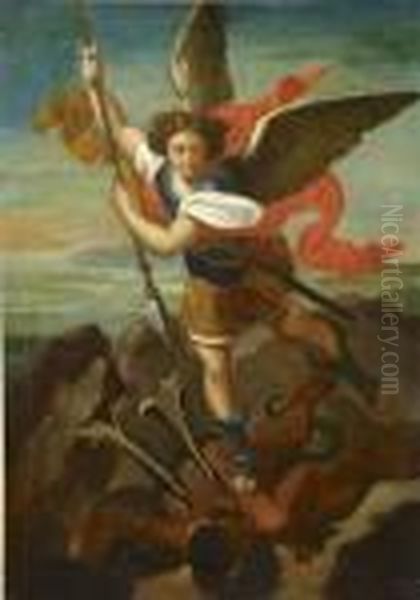 Saint Michel Terrassant Le Demon Oil Painting by Raphael (Raffaello Sanzio of Urbino)