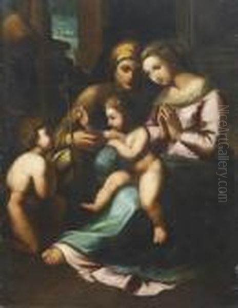 Vierge A L'enfant Avec Saint Jean Baptiste Et Sainteelisabeth Oil Painting by Raphael (Raffaello Sanzio of Urbino)