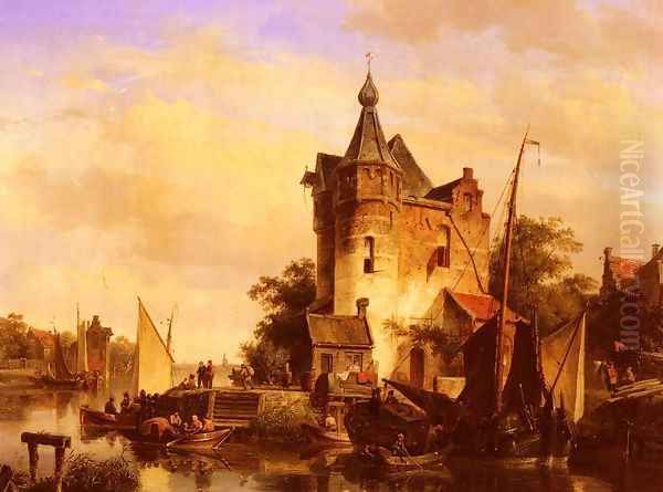 Along The Canal Oil Painting by Cornelis Springer