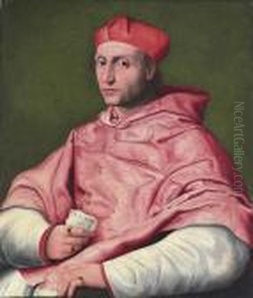 Portrait Of A Cardinal, Three-quarter-length, Seated, Holding A Document Oil Painting by Raphael (Raffaello Sanzio of Urbino)