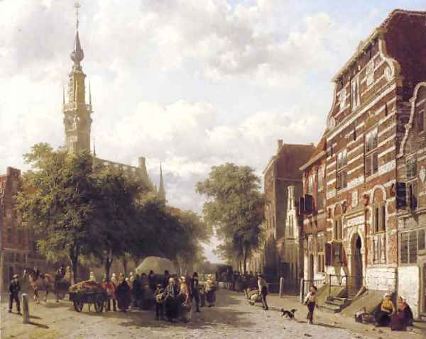 A busy market in Veere with the bell-tower of the town hall beyond Oil Painting by Cornelis Springer