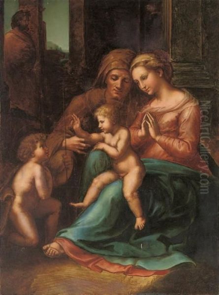 The Holy Family With Saint Elizabeth And The Infant Saint John Thebaptist. Oil Painting by Raphael (Raffaello Sanzio of Urbino)