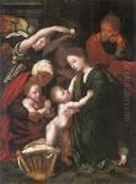 The Holy Family With Saint Elizabeth, The Infant Saint John Thebaptist And Two Angels Oil Painting by Raphael (Raffaello Sanzio of Urbino)