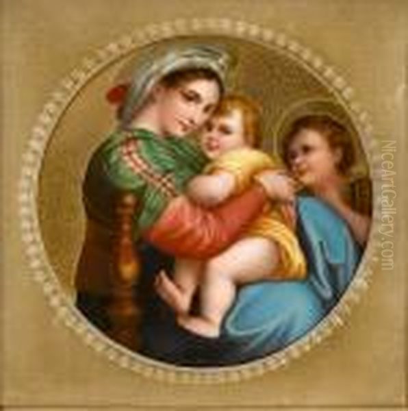 A Circular Porcelain Plaque Of The Madonna Della Seggiola Oil Painting by Raphael (Raffaello Sanzio of Urbino)