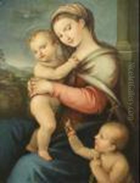 Madonna Col Bambino E San Giovannino In Un Paesaggio Oil Painting by Raphael (Raffaello Sanzio of Urbino)