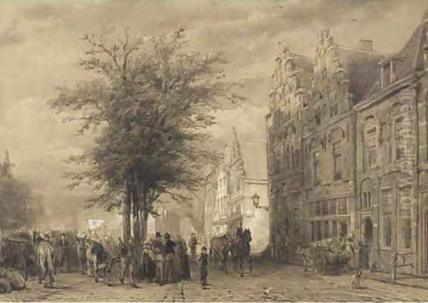 Markt te Oudewater a farmers market Oil Painting by Cornelis Springer