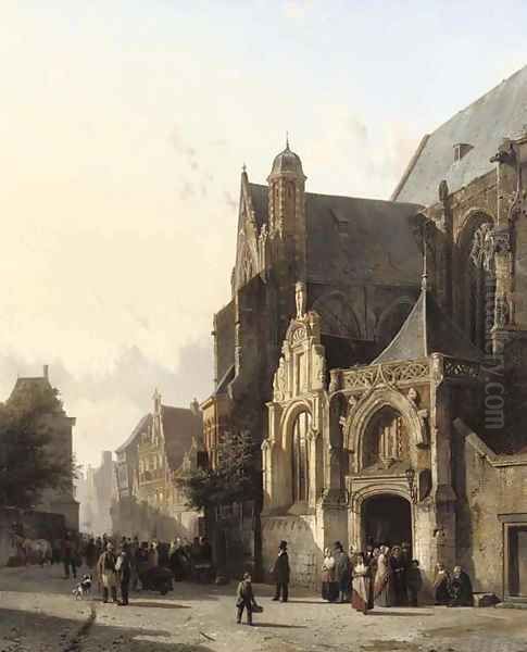 Numerous figures leaving church in a sunlit street Oil Painting by Cornelis Springer