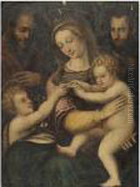 The Holy Family With The Infant Saint John The Baptist And Saint Nicholas Of Tolentino Oil Painting by Raphael (Raffaello Sanzio of Urbino)