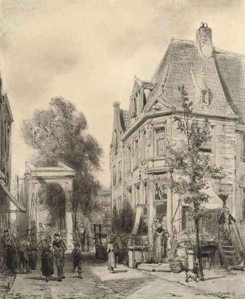 A busy street in Weesp Oil Painting by Cornelis Springer