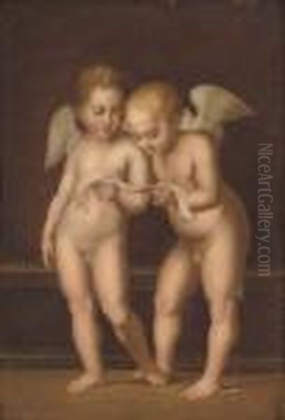 Two Putti Reading Oil Painting by Raphael (Raffaello Sanzio of Urbino)