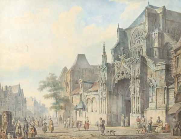 A townview with figures on a church square Oil Painting by Cornelis Springer