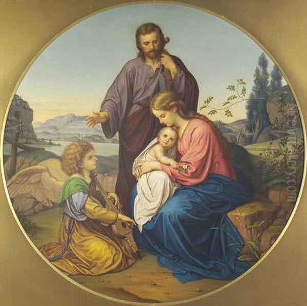 Phael Italian The Holy Family 
In An Italianate Landscape, An Angel Playing A Musical Instrument Nearby
 Oil On Canvas, Tondo, Circular, 97cm Diameter Oil Painting by Raphael (Raffaello Sanzio of Urbino)