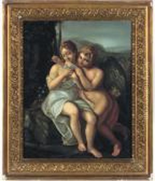 Cupid And A Maiden Oil Painting by Raphael (Raffaello Sanzio of Urbino)