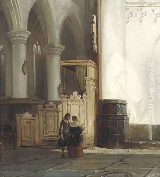 Church interior with an elegant couple Oil Painting by Cornelis Springer