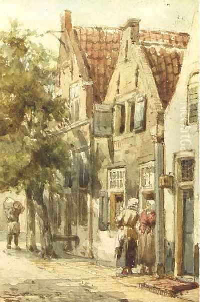 Figures conversing in a street, Monnickendam Oil Painting by Cornelis Springer