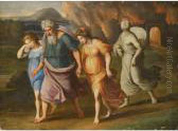 Lot And His Daughters Fleeing The Destruction Of Sodom And Gomorrah Oil Painting by Raphael (Raffaello Sanzio of Urbino)