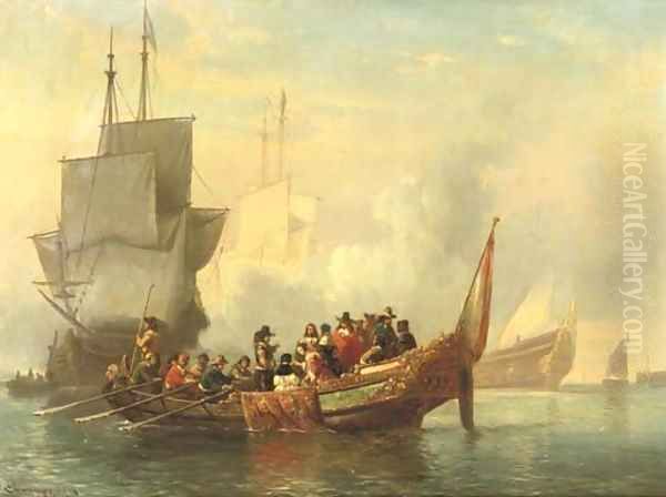 The salute a noble company surveying a fleet Oil Painting by Cornelis Springer