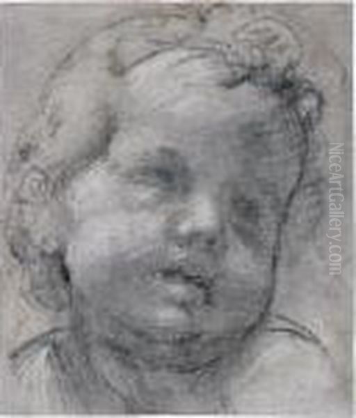 Head Of A Putto Looking To His Left Oil Painting by Raphael (Raffaello Sanzio of Urbino)