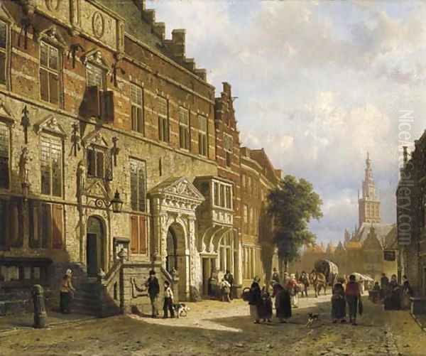 The Town Hall on the Burchtstraat with the St Stevenskerk beyond, Nijmegen Oil Painting by Cornelis Springer