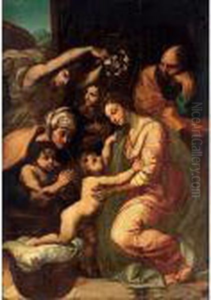 The Holy Family With St. Anne, The Infant St. John And Two Angels Oil Painting by Raphael (Raffaello Sanzio of Urbino)