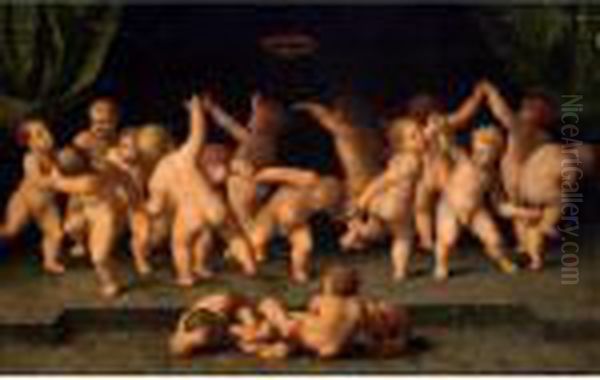 Putti Dancing Between Draped Green Curtains Oil Painting by Raphael (Raffaello Sanzio of Urbino)